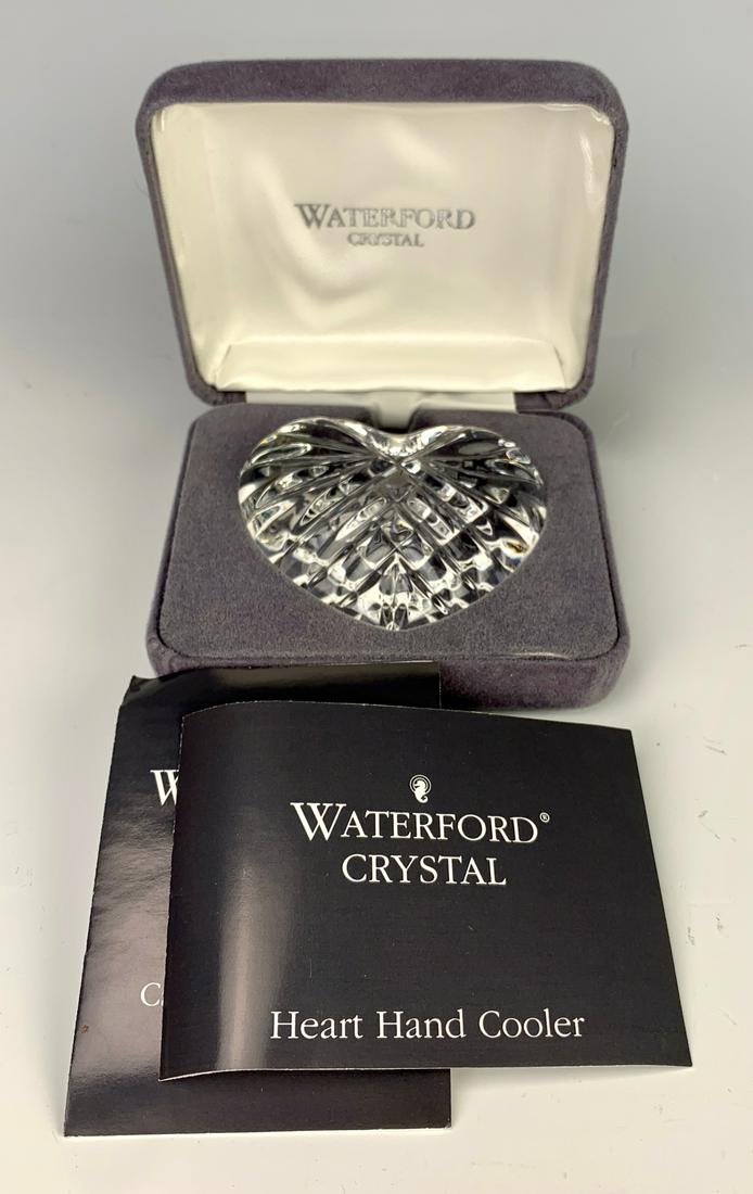 Waterford Crystal Heart Hand Cooler: Marked Waterford, comes with original papers, in original grey velvet display box, 2.25" x 2.75", like new condition.