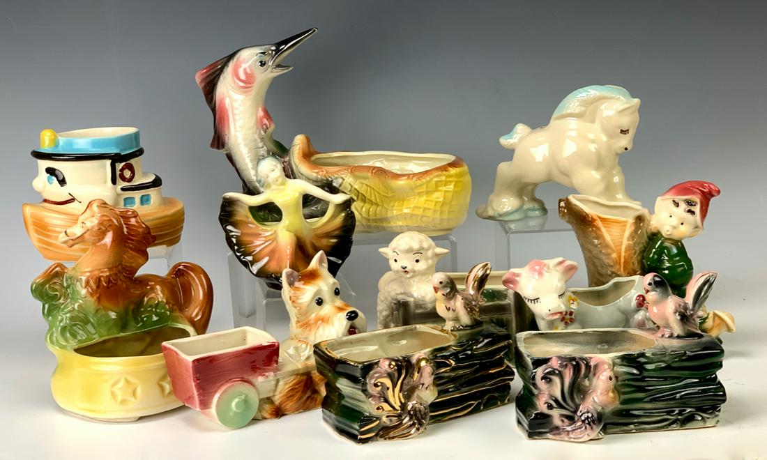 Lot of 11 Misc. Figural Art Pottery Planters: Consisting of fish, lamb, birds, horses, dog, tugboat and elf, good condition, 10" longest