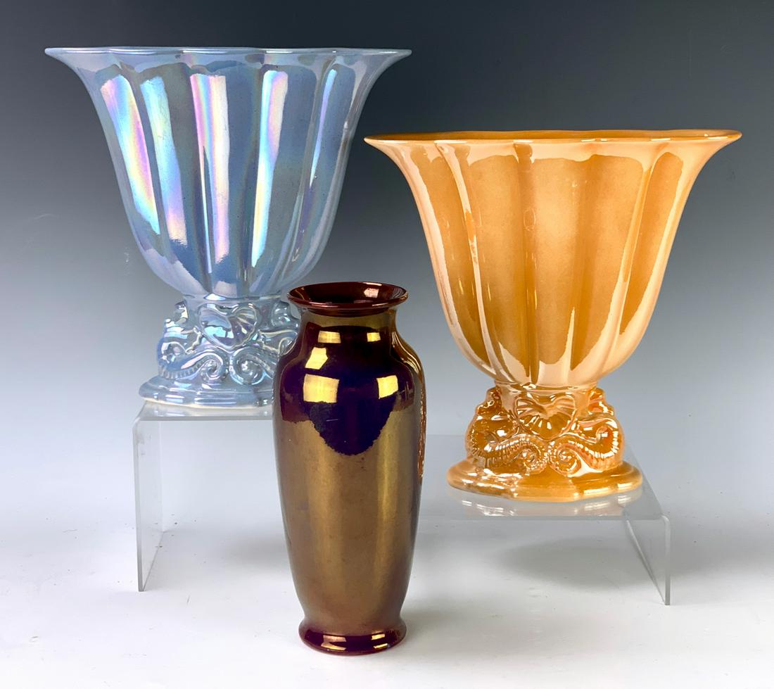 Group of 3 Cowan American Art Pottery Vase: 2 hard to find vases with sea horses and 1 high lustre, good condition, 8" x 8" x 3"