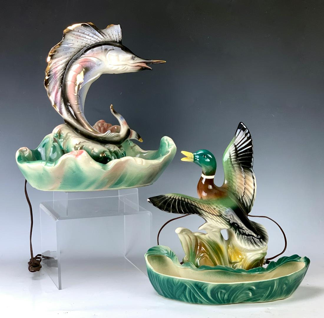 Group of 2 Wonderful Figural T.V. Lamps: 1 swordfish and 1 wild mallard, great detailed design, swordfish has re-glued sword tip, small flake on tip of mallard wing, 15" x 15" largest *Wiring should be inspected before use*