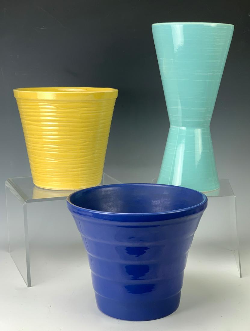 Lot of 3 Bauer & McCoy Vases & Planters: Including wonderful 12" aqua mid century harmony vase, flower pot and fantastic deep blue Bauer flower pot, all marked on bottom, good condition, 12" tallest