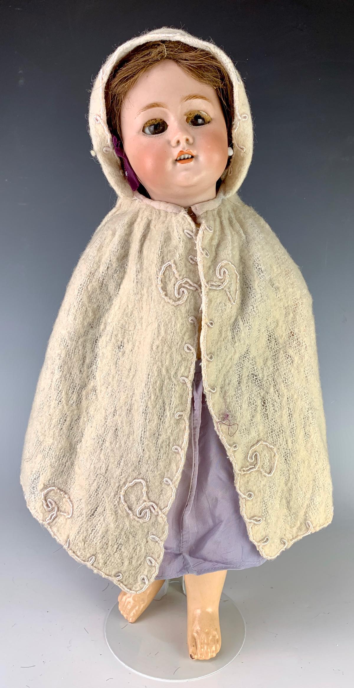 17" French Tete Jumeau Doll C. 1899: Open mouth with teeth, brown sleep eyes, bisque head is marked "Tete Jumeau" in red ink and incised "DEP", French composition and wood body with "Bebe Jumeau Dimplome D'honneur" stamp on rear back, ey