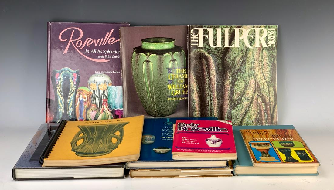 Group of 11 American Art Pottery Reference Books: Group of 11 American art pottery reference books, including rare out of print The Second Book of Rookwood, The Fulper Book, Ceramics of Gueby, etc., good condition, 2 dust covers torn, 11" largest