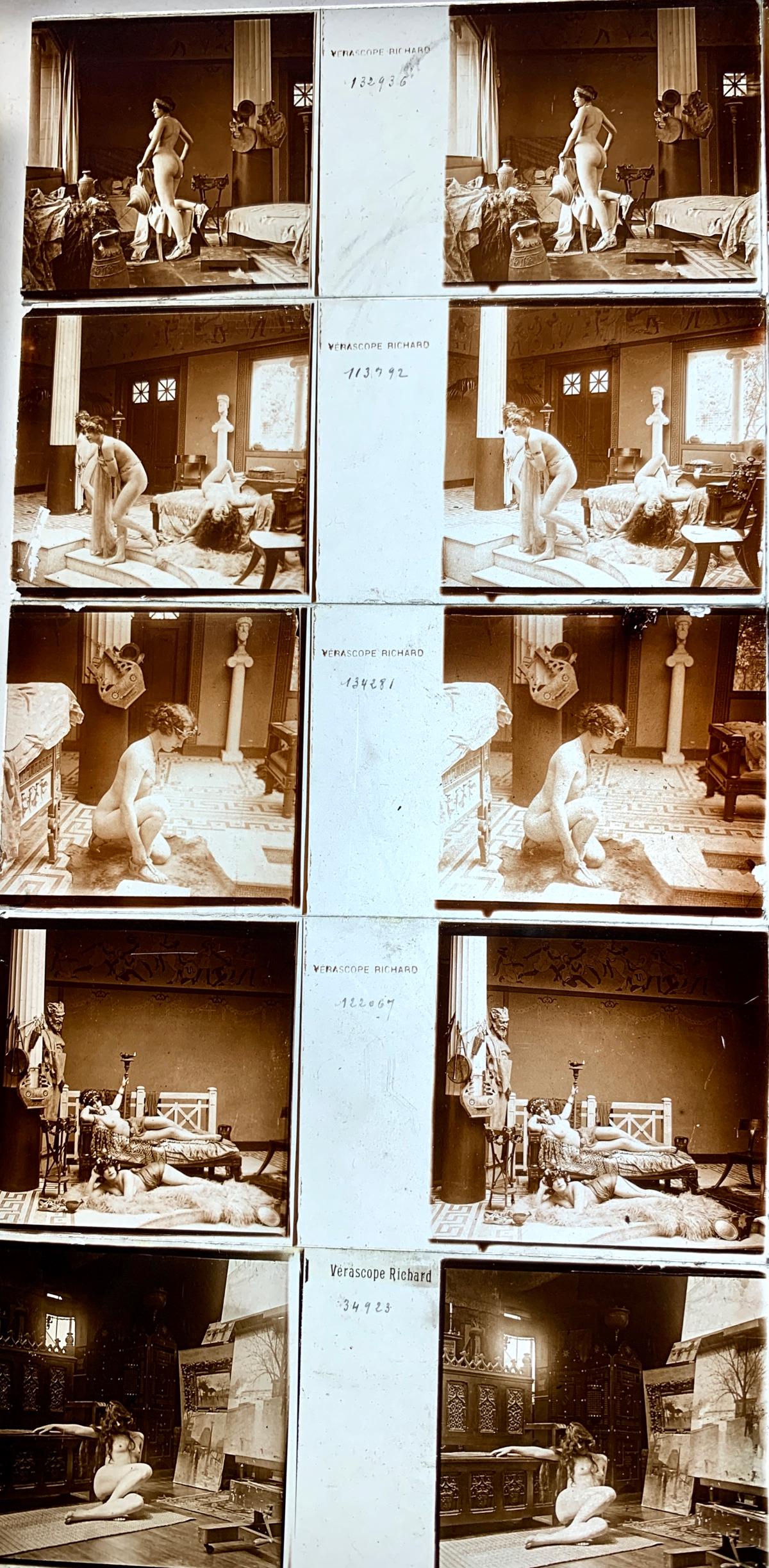 Unusual Set of 25 Glass Stereoviews Nude Slides: Circa 1920, stored in this bakelite box are 25 glass stereoviews of nudes in the 1920s, box is marked "J. Richards, Paris", works with J. Richards stereoviewer, one slide is cracked, 4.25" x 1.75"