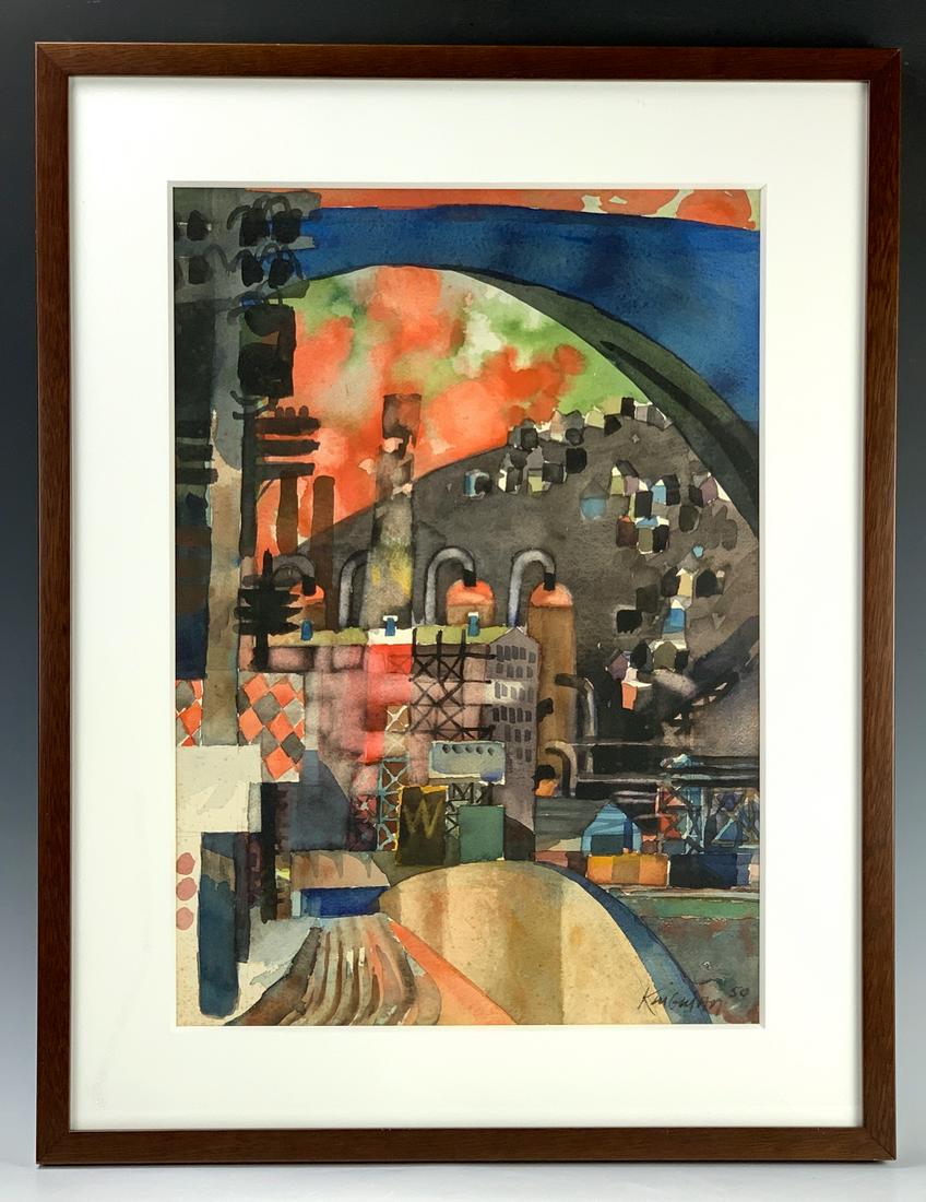 Dong Kingman W/C "Blue Bridge East Pittsburgh": 20th century, signed on lower right and dated, matted and framed, very good condition, 19.5" x 13.5", 25.5" x 19.75" with frame