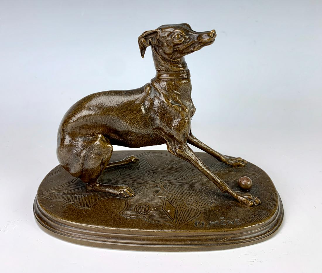 Pierre Jules Mene (1810-1879) Bronze Dog: Signed "P.J. Mene", very good condition, 4.5" x 6"
