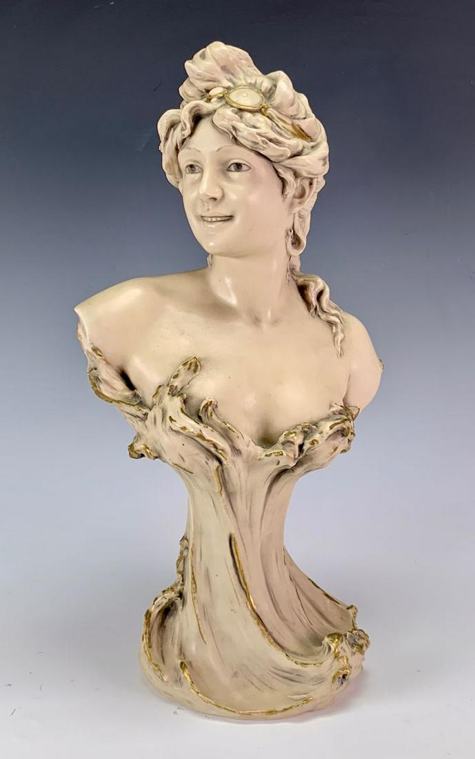 Royal Dux Porcelain Bust Art Nouveau Lady C. 1900: Made by Royal Dux (Bohemia, Austria), semi-nude woman with stylized waves, very good condition, no problems, 18" x 9.5"
