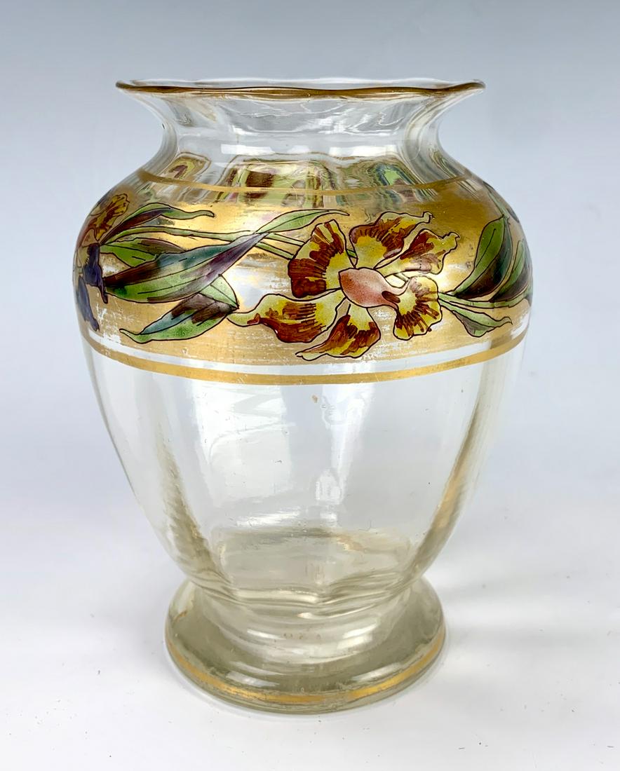 Sgd Christallerie de Pantin Decorated Glass Vase: Having a clear glass vase with golden shoulder with floral decoration in polychrome enamel painting, bottom signed with Pantin factory mark, very good condition, 5" height