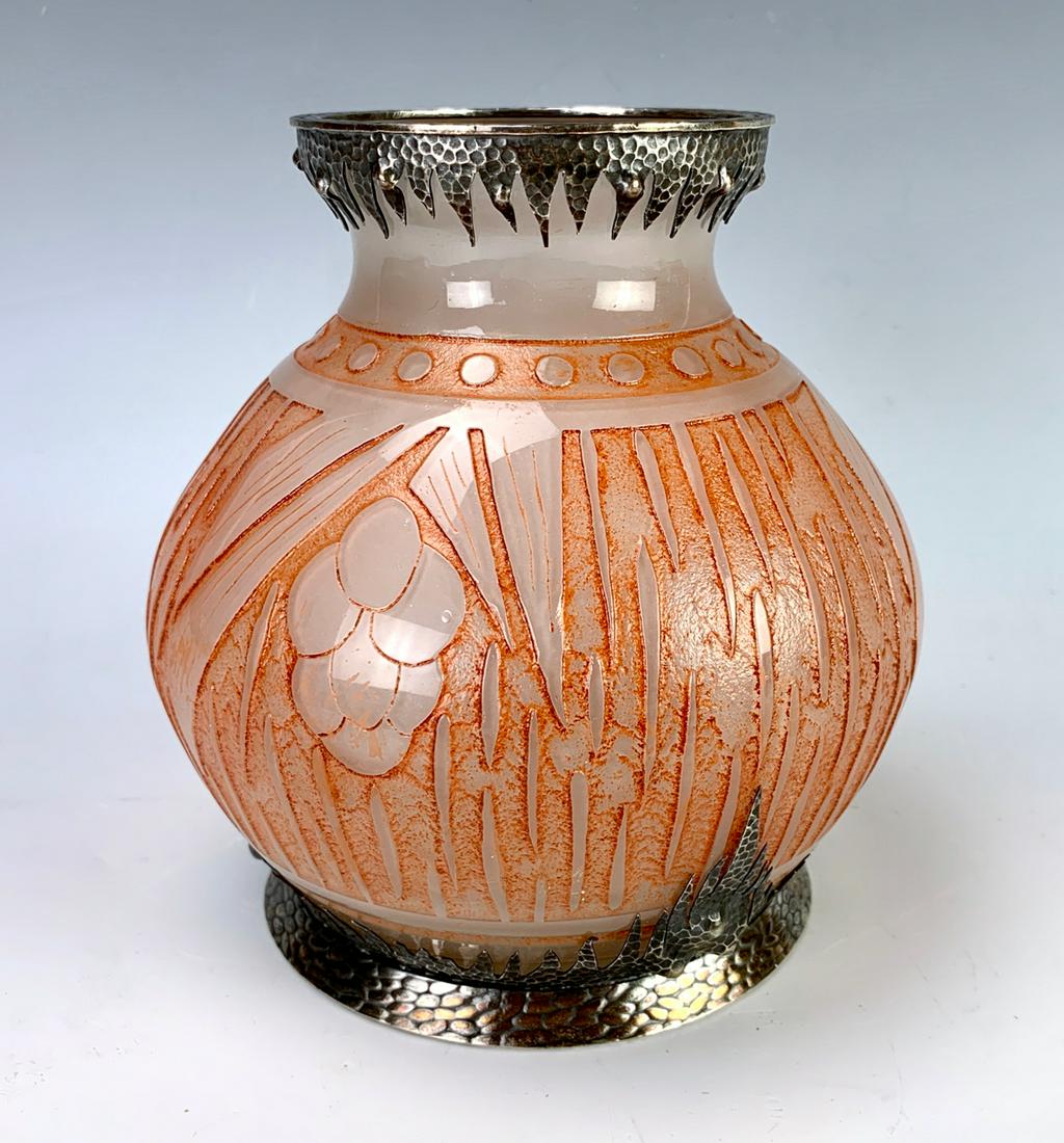 Rare Val St. Lambert Cameo Glass & Metal Vase: Great art deco cameo glass and silvered metal vase, a white frosted glass body with red stained geometric design, silvered metal icicle rim collar and base, signed in cameo "VSL", top rim marked "Val"