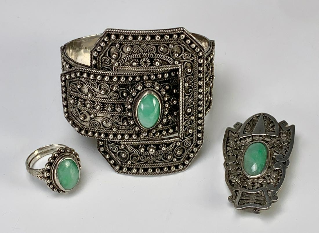 Asian Ornate Silver Bracelet Ring & Brooch w/ Box: Very fine Asian silver bracelet with jade, made up on many silver beads and filigree, also comes with silver and jade ring, both in original fitted box, this lot also includes a silver jade brooch tha