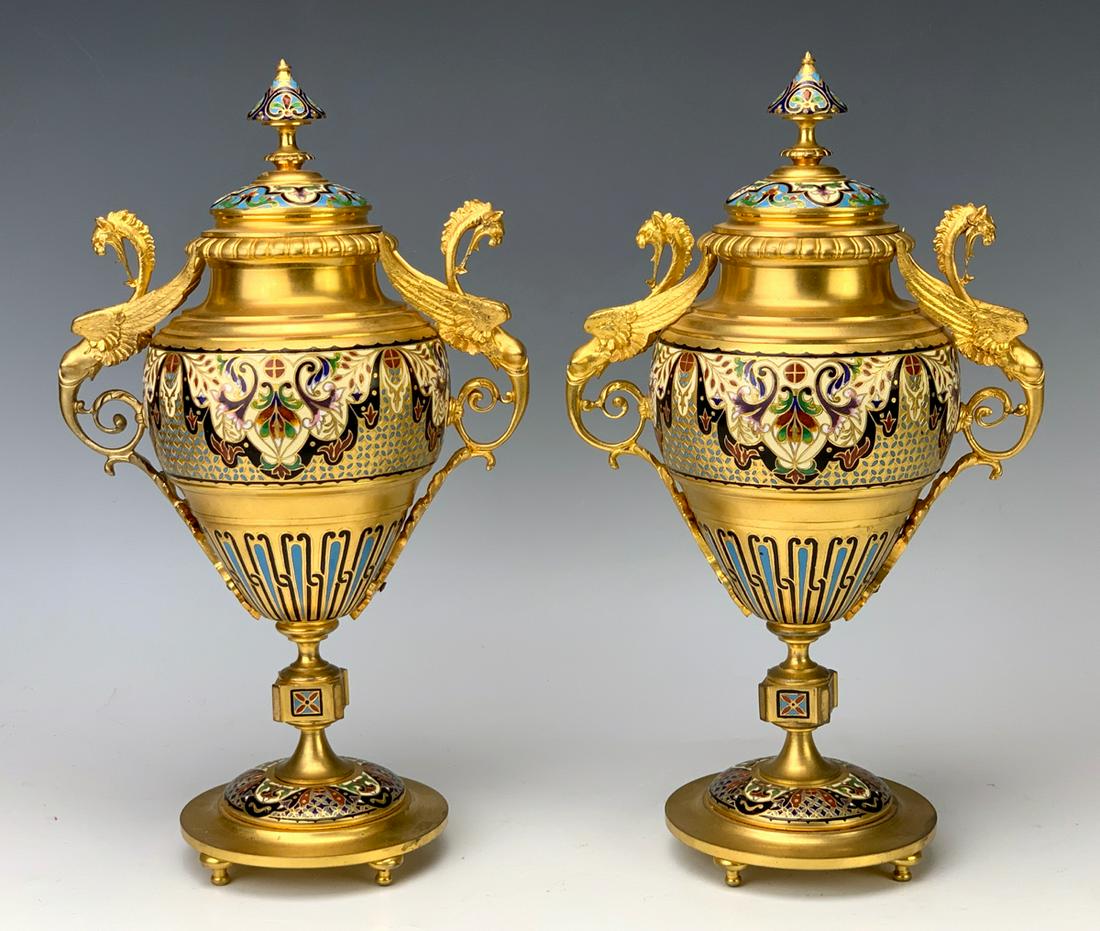 Pair Gilt Bronze & Champleve Enamel Urns C. 1880: Napoleon III period, pair of gilt bronze and champleve enamel winged griffins handled covered urns, fabulous quality, very good condition, 12" height