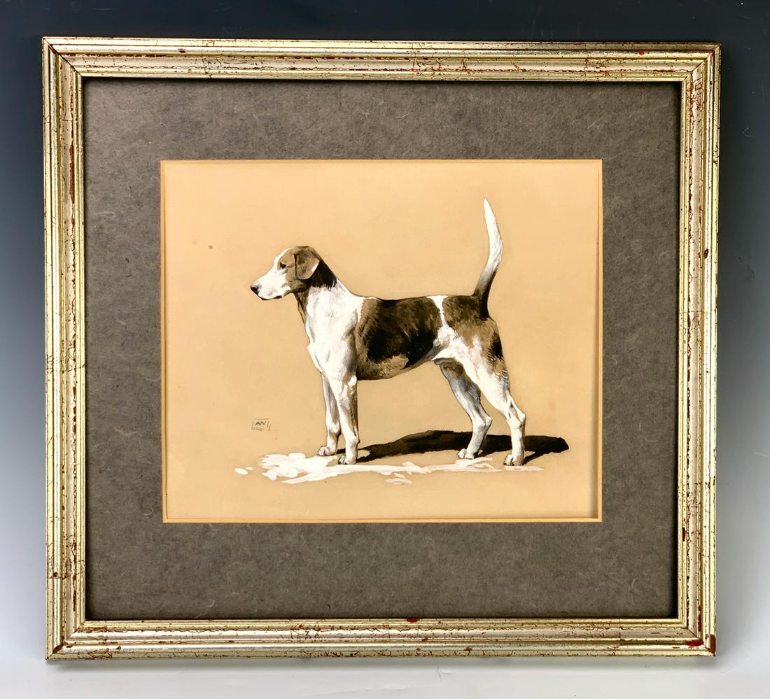 Arthur Wardle (1864-1949) Foxhound: Arthur Wardle (1864-1949) Foxhound, mixed media bodycolor on paper, artist signed with initials "A.W." has gallery label which reads that this drawing was used in the encyclopedia of sport, verso of d