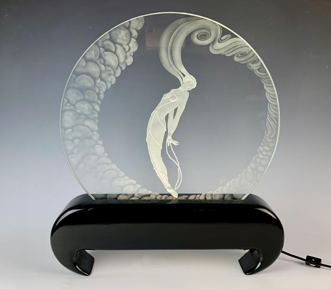 Erte Luminaire "L'Amour": Produced in 1983 with etched glass, illuminated base, numbered 63/250 limited edition, signed "Erte" and manufacturer's name, good condition, chip on back foot that does not effect appearance, 19.5" x