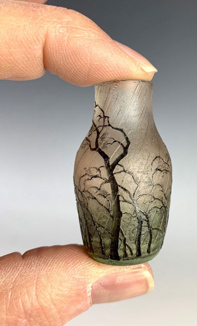 Daum Nancy "Rain Scene" Miniature Vase: Rare miniature "Trees in the Rain", having an ovoid shape with a straight neck, signed "Daum Nancy" with cross of Lorraine, very good condition, 1.75" height