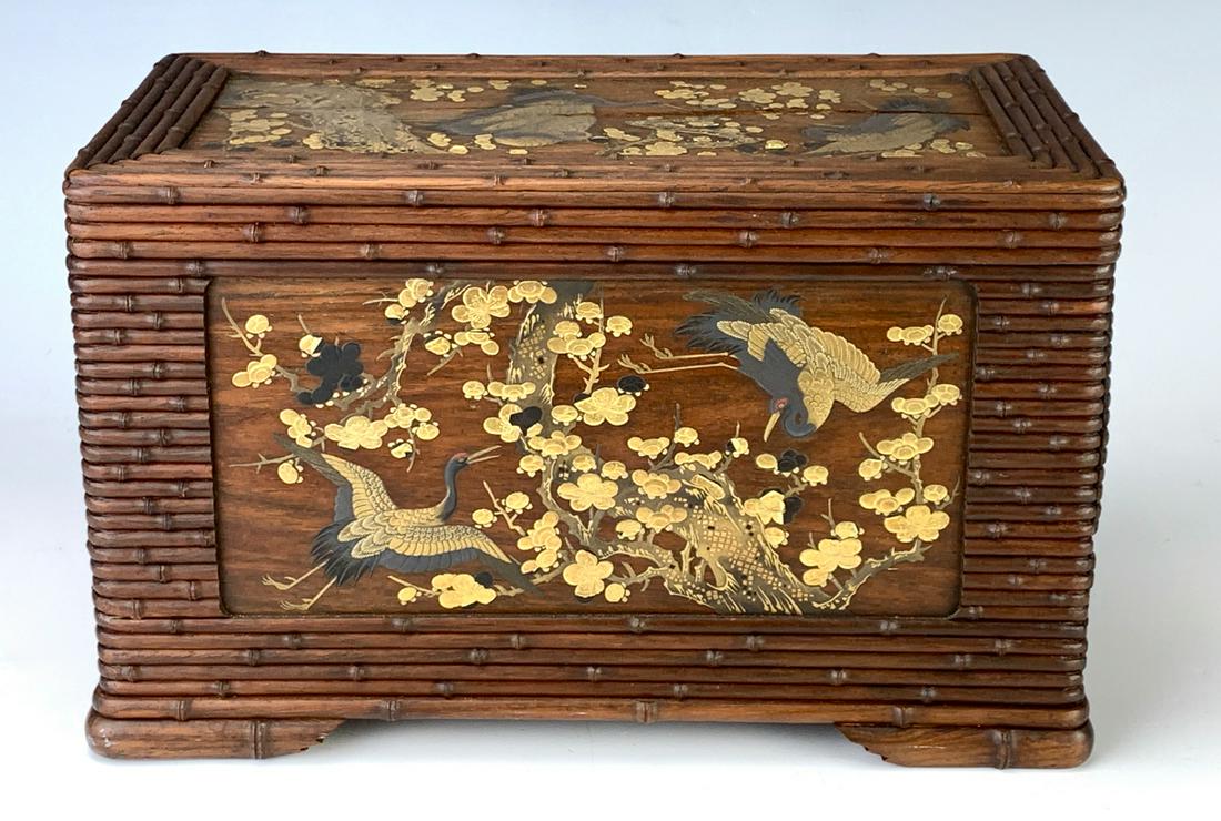 Meiji Period Lacquer & Carved Wood 2 Drawer Box: Circa 1900, Japanese Meiji period, fabulous wood and lacquer 2 drawer box, box has hand carved wood bamboo stacked up one above the other with lacquer panels on top, sides and inside top cover, has 2 