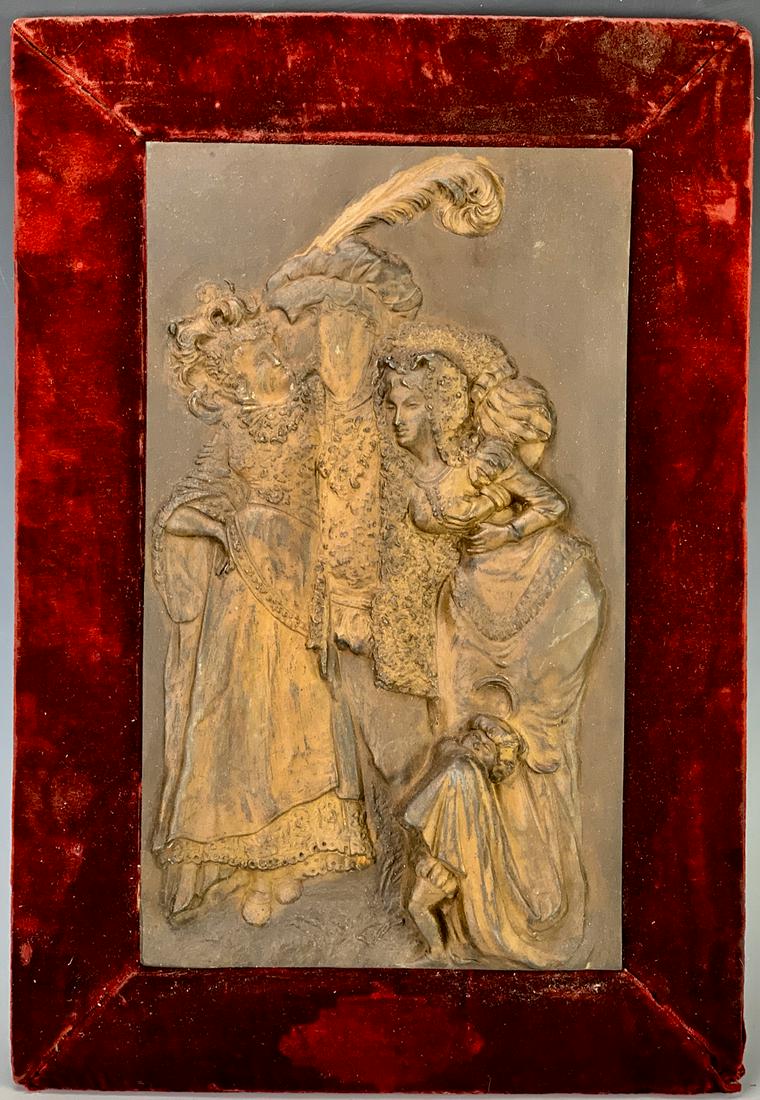 Unusual Victorian Erotic Iron Plaque: Humorous iron plaque depicting a man with feather in hat between 2 damselles with left hand groping the lady's breast, mounted in a read velvet frame, good condition, wear to gilt finish, 15.5" x 9", 