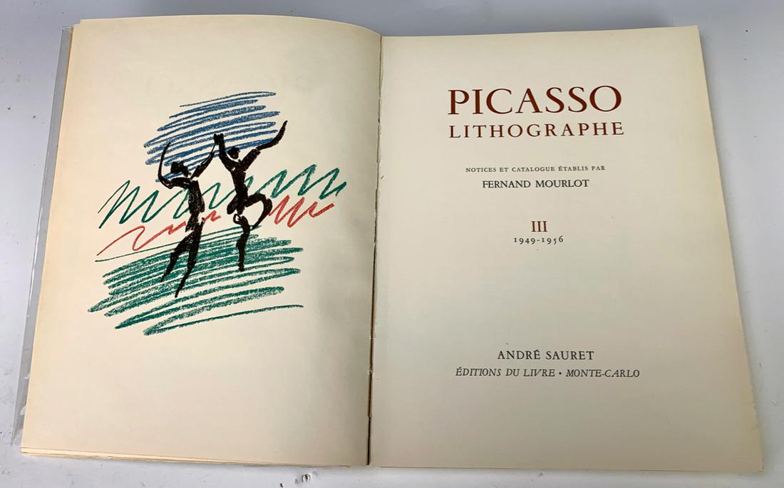 Picasso Lithographe Volume III, 1949-1956: Mourlot, Fernand and Picasso Pablo, published by Andre Sauret, Monte Carlo 1956, illustrated with 2 original lithographs which are the color frontispiece and the B/W double spread wrappers, over 100 a