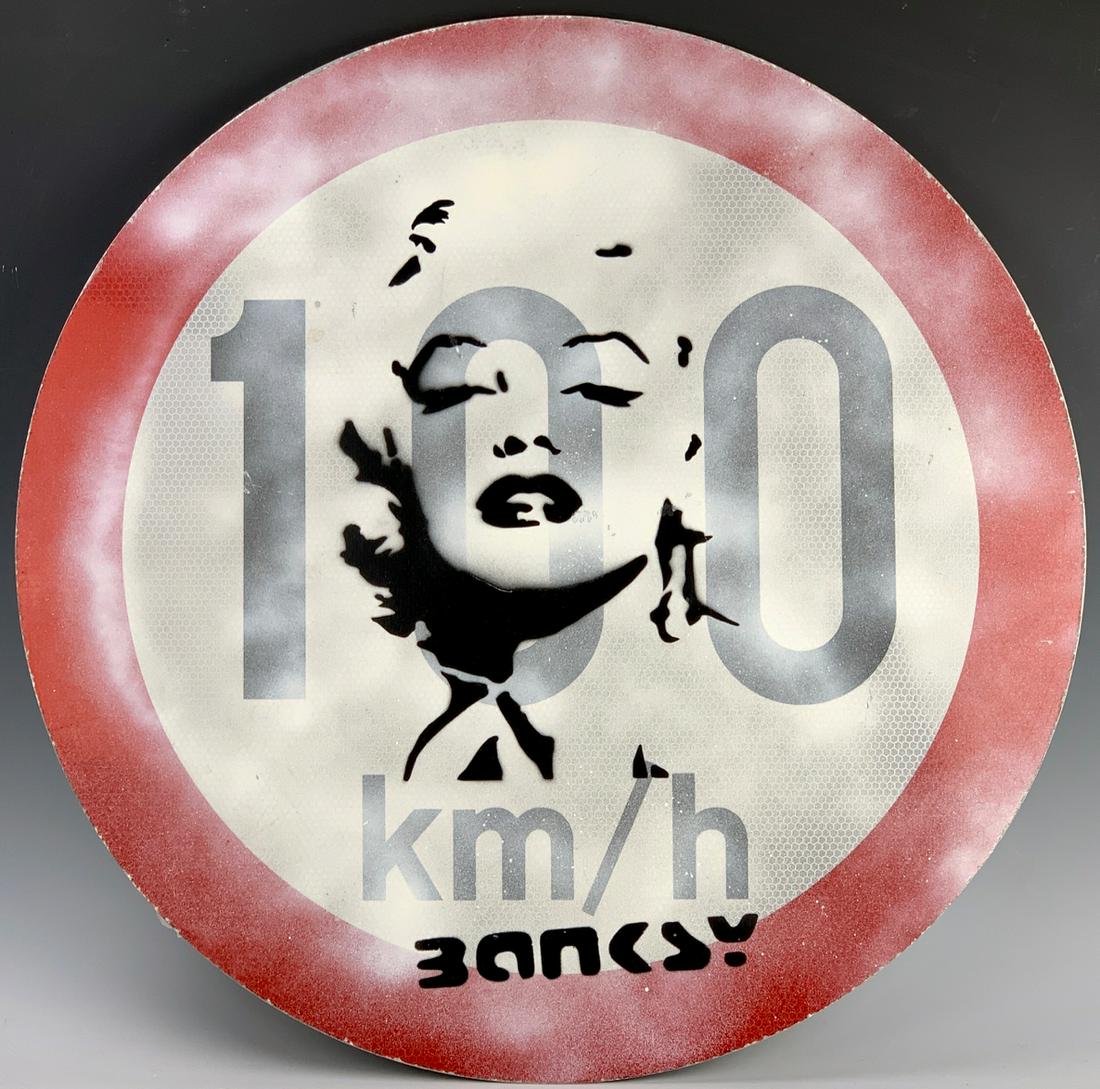 Banksy "Marilyn Monroe" Spray Paint on Metal Sign: This is being sold in the style of Banksy, lease bid accordingly, good condition, 23.75" diameter
