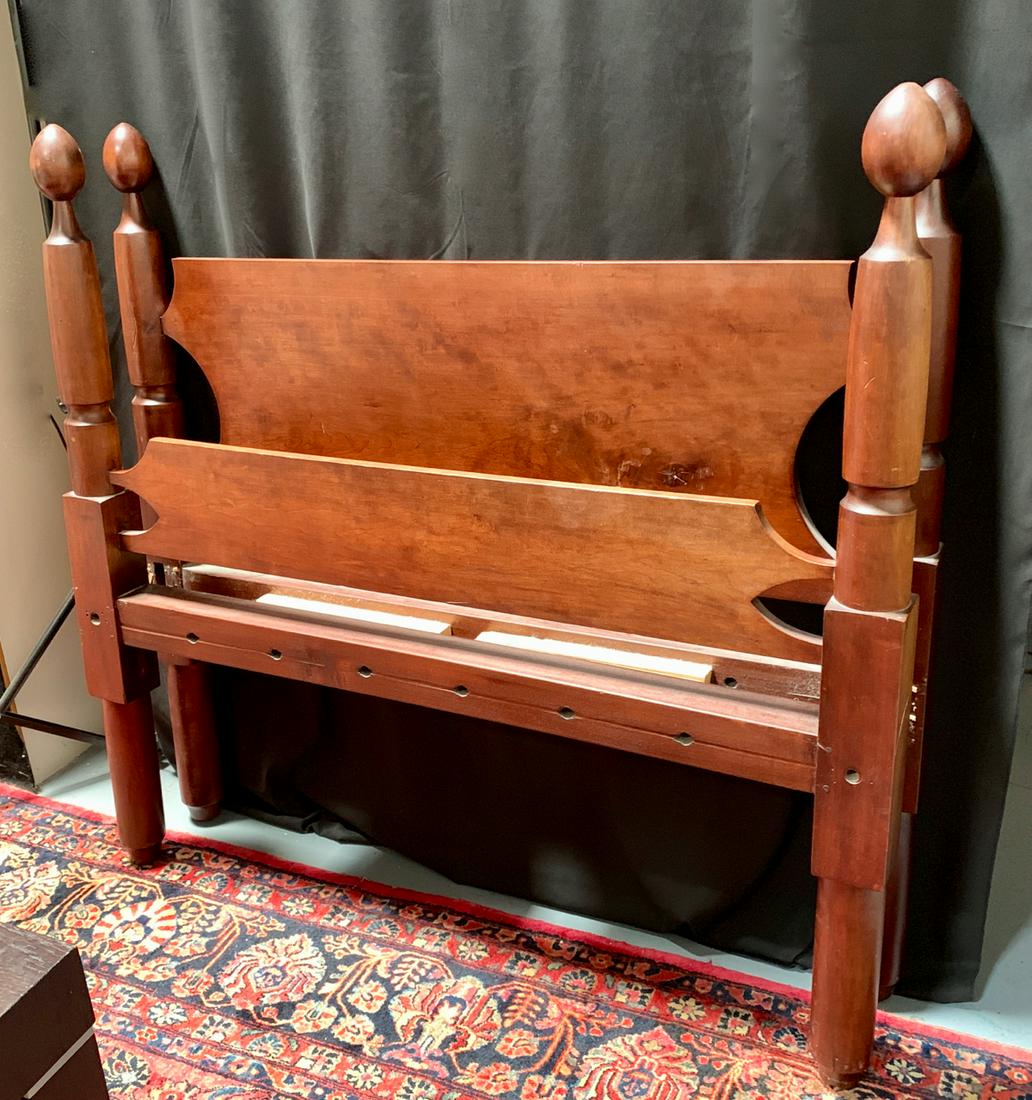 Antique French Empire Four Poster Rope Bed: Circa early 1800, made of solid mahogany, 4 poster bed, having pineapple finials, very good condition, 56" x 54"