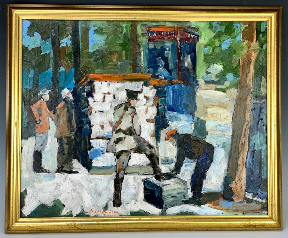 Sergui Novitchkov (Russia b. 1969) "Shoe Shine": Impressionist oil on board, depicting an officer getting a shoe shine, Sergui attended the Art Institute in Moscow for 5 years and is an up and coming impressionist artist, very good condition, 16" x 