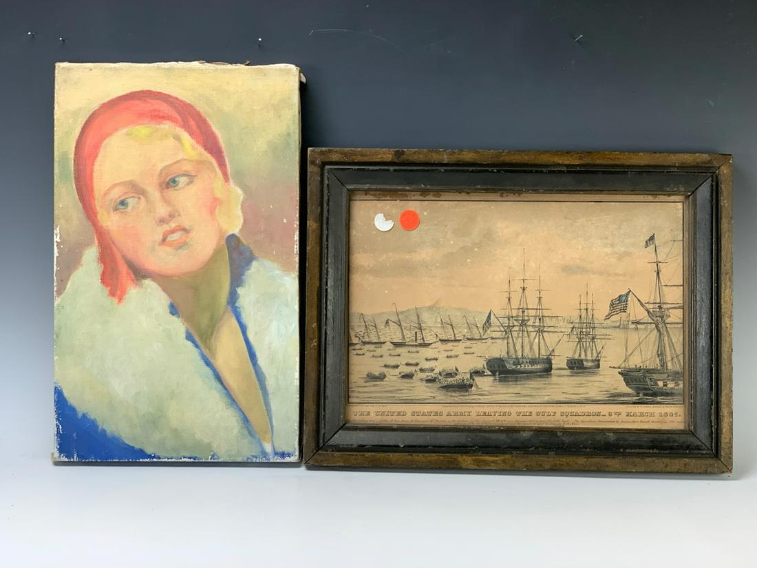 1920's Girl Painting and Currier & Ives: Oil on canvas of a 1920's lady and a Currier & Ives print titled "The United States Army Leaving the Gulf Squadron, 9th March 1847", print in rough condition, 12" x 16" largest