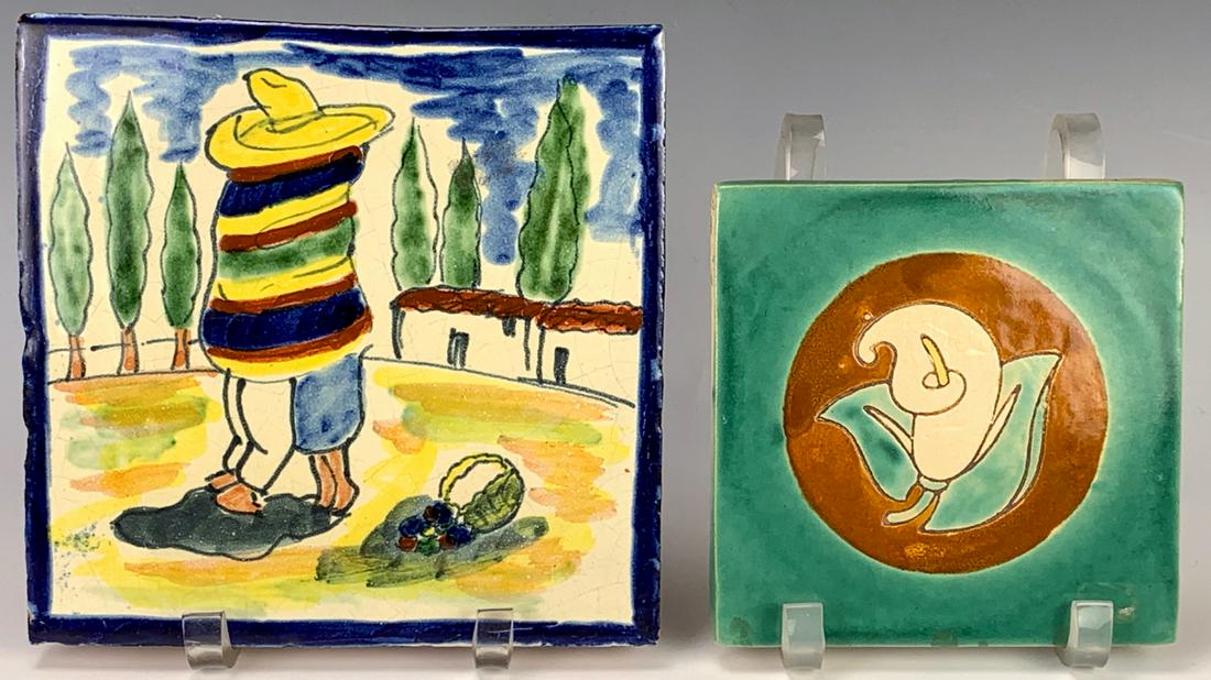 San Jose Pottery Calla Lily Tile & Mexican Tile: Circa 1930, San Jose calla lily tile and Mexican tile "Lovers wrapped in Serappe", good condition, 7.75" x 7.75" largest
