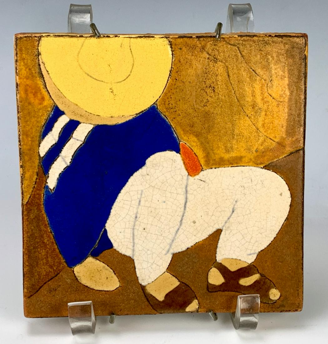 San Jose Pottery Tile "Sleeping Man": Glazed ceramic depicting a sleeping man, very good condition, 6" x 6"