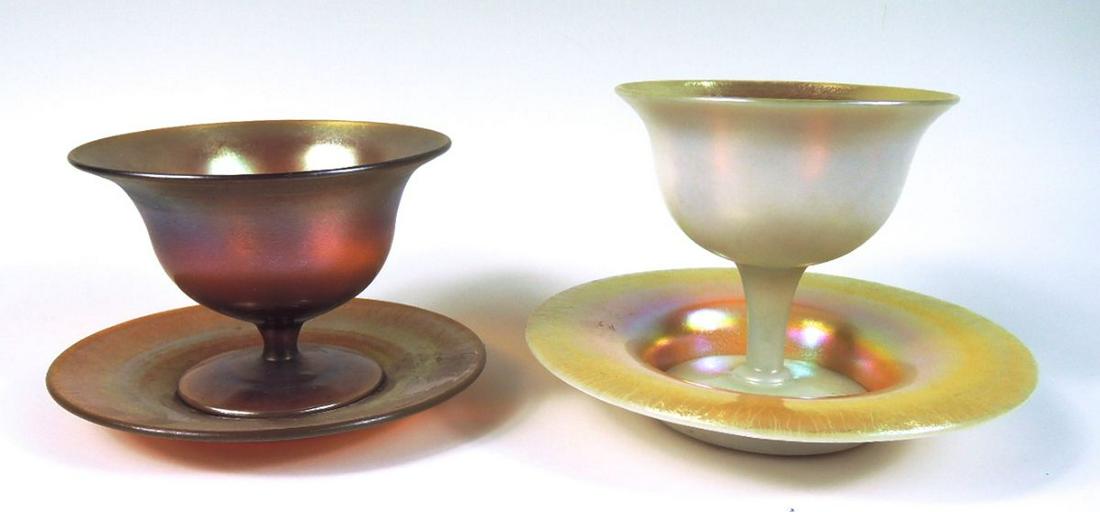 Pair Steuben Sherbets & Underplates: Both sherbet & underplate signed Aurene, other gold & calcite not signed, 3.75" tallest 6" diameter widest