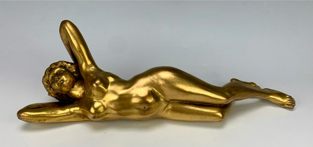 Antique Gilt Metal Nude Lady Figurine C. 1900: Having a reclining nude lady in gilt metal, good condition with original finish, 11.5Ó length
