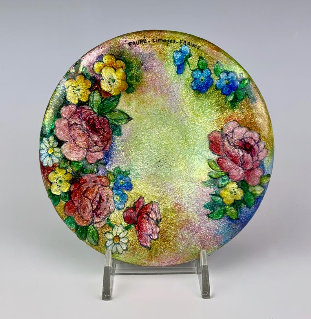 Signed Camille Faure Floral Enamel Pin Dish: Beautiful and colorful enamel on copper dish, decorated with multi colored flowers, signed "Faure Limoges France", very good condition, 4.5" diameter