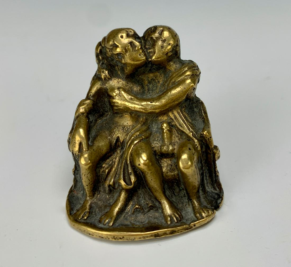 Antique Gilded Bronze of a Naughty Couple on Couch: Circa 1900, gilded bronze of a naughty couple on a couch, unsigned, good condition, 1.25" x 1.25"