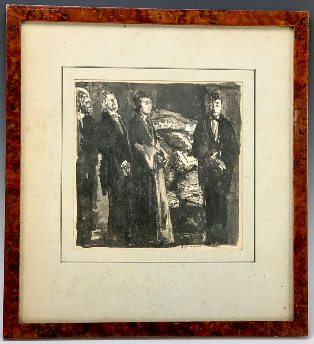 Grigory Gluckmann "The Gathering" Pen & Ink: Grigory Gluckmann (Russian 1893-1973), pen and ink wash on paper, signed on lower right, good condition, 8.75" x 8.75" sight, 16.75" x 15.75" with frame