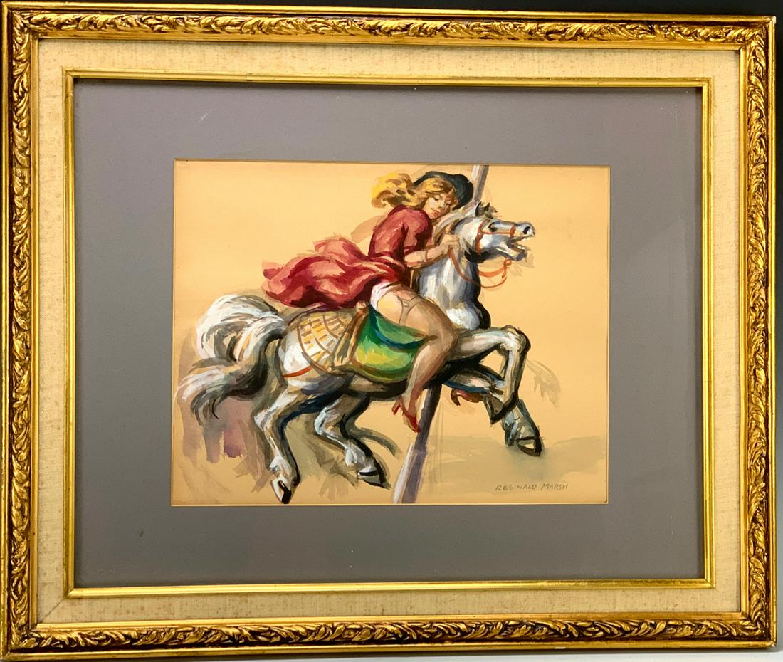 Reginald Marsh "Girl on Carousel Horse" Watercolor: Watercolor of a girl on a carousel horse by Reginald Marsh, very good condition, 10.5" x 13.5", 19.5" x 23.5" with frame