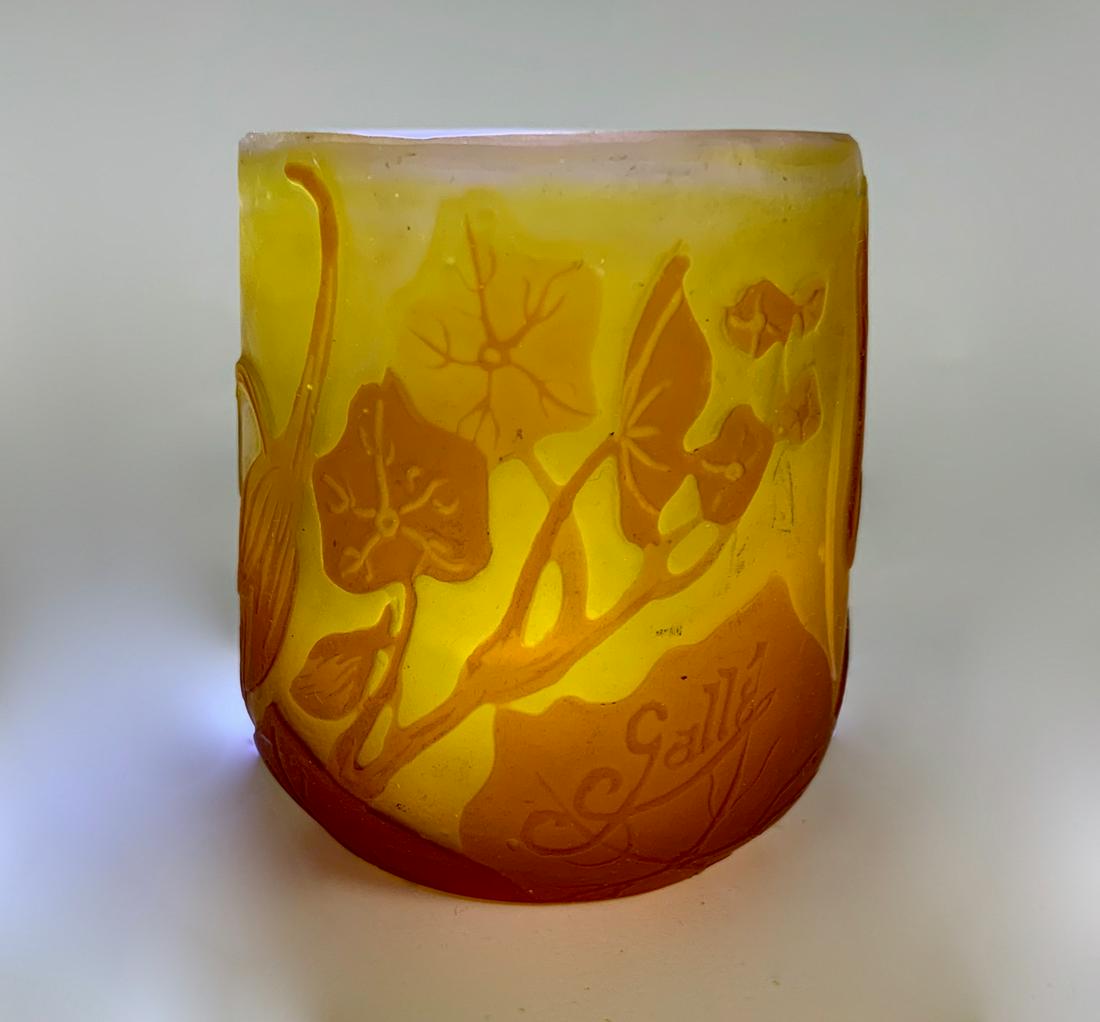 Galle Cameo Glass Toothpick Holder C. 1900: Orange flowers and leaves against a frosted orange white body, good condition, 2.5" height