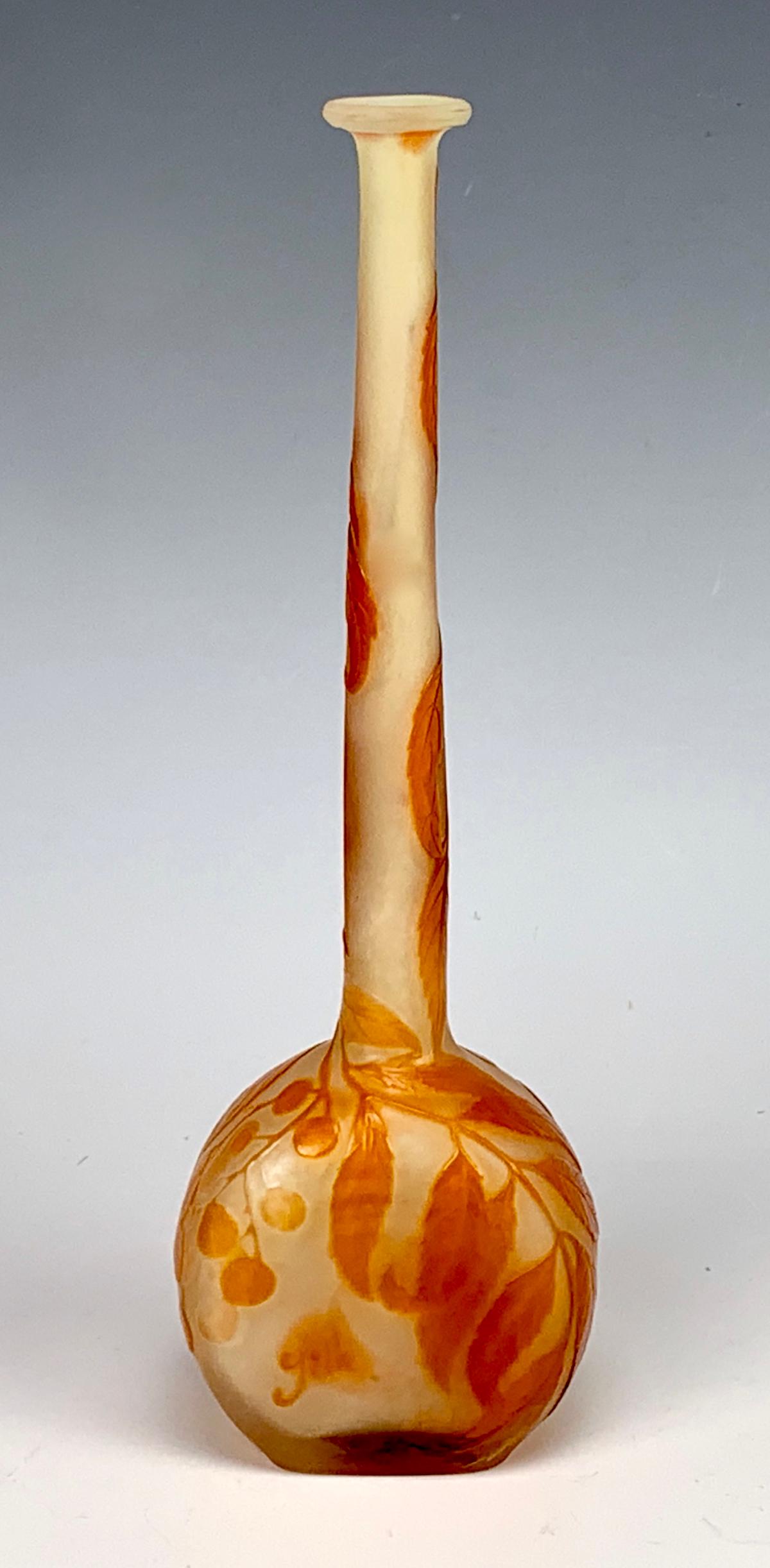 Galle Cameo Glass Stick Banjo Vase C. 1900: Delicate Galle stick banjo vase, decorated with foliage and berries in orange tones on a beige background, signed "Galle", very good condition, 8.375" height