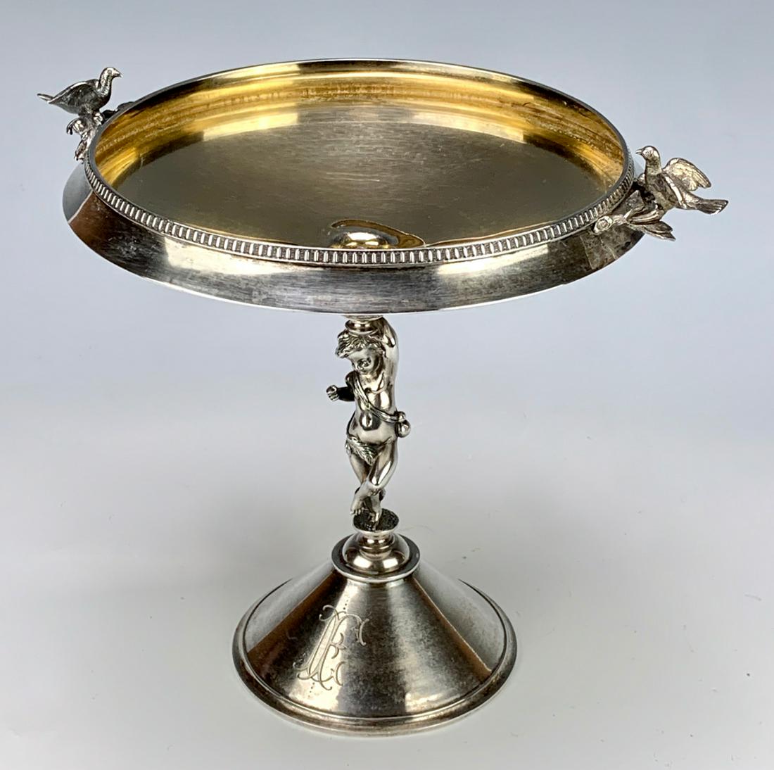 Gorham Sterling Silver Cherub Compote w/ Birds: Top bowl with winged birds on branches on each side being supported by a figural putti, has monogram, 368 grams, 11.83 troy ounces, very good condition, 7.25" height