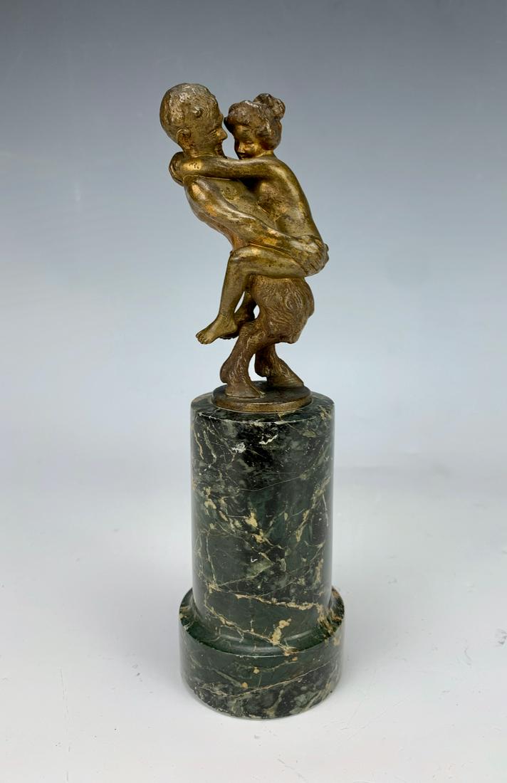 Franz Bergman "Loving Couple" Erotic Bronze: Circa 1880, Franz Bergman (1861-1936) "Loving Couple" erotic bronze, loving couple, a nymph and satyr mounted on a marble pedestal, signed "N. Greb" in bronze, patina wear commensurate with age, 7.25"