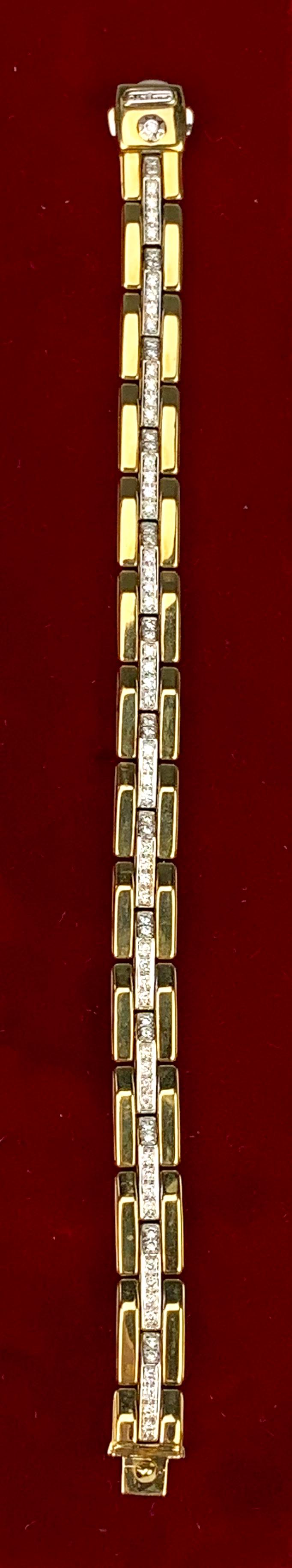 Chimento Signed Diamond & 18K Bracelet: Vintage Italian Chimento pave set diamond and 18K (750) yellow gold link bracelet, signed, stamped "750" and hallmarked, 22.2 grams total weight, very good condition, 7" x 0.375"