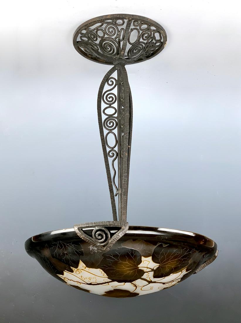 Degue Art Deco Cameo Glass Chandelier C. 1925: Lovely frosted white with red amber leaves and flowers and wrought iron frame with 3 sockets, made by well known Degue (David Gueron) workshop in France, signed "Degue", very good condition, needs re-