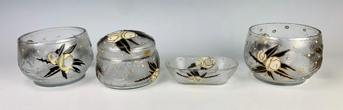 Andre Delatte Cameo & Enamel 4 Piece Dresser Set: Circa 1920, fabulous art deco chipped ice ground and enameled flowers 4 piece ladies dresser set, having a covered jar, 2 open bowls and a small pin tray, clear glass acid etched body with raised yell