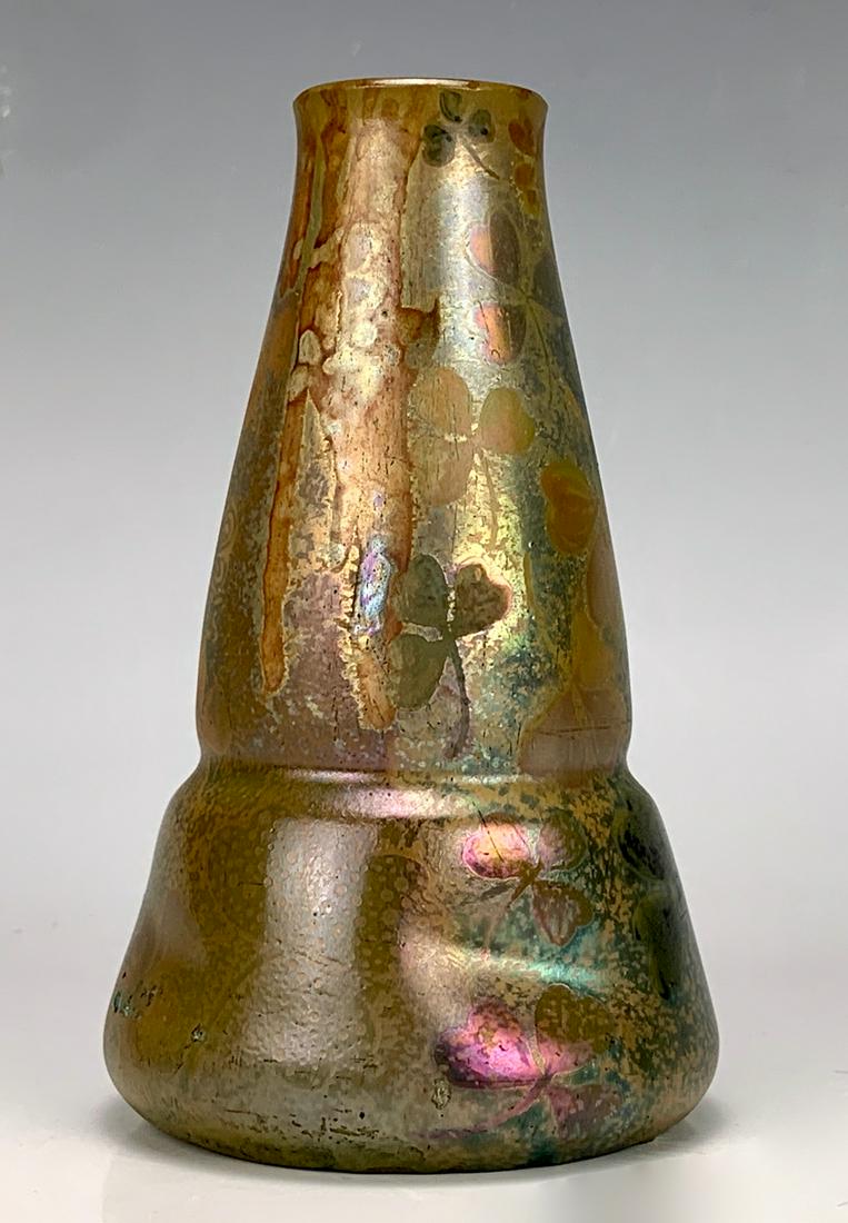 Sgd Clement Massier Iridescent Vase: Art nouveau shaped vase in colors of red, green and gold iridescence, signed, good condition, 5" height