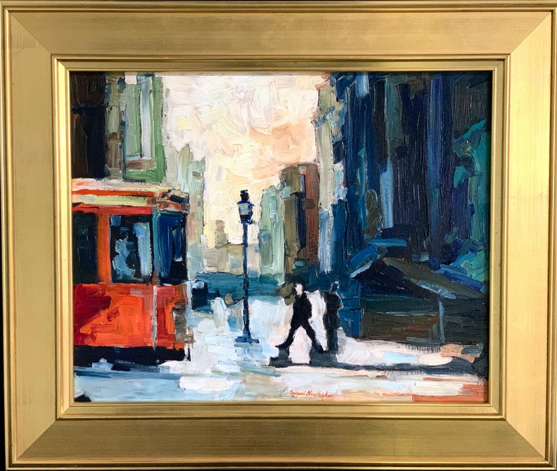 Serguei Novitchkov (Russia b. 1969) "Better Walk": Impressionist oil on board depicting 2 people walking in the city, Serguei attended the Art Institute in Moscow for 5 years and is an up and coming Russian artist, his paintings are a great investment