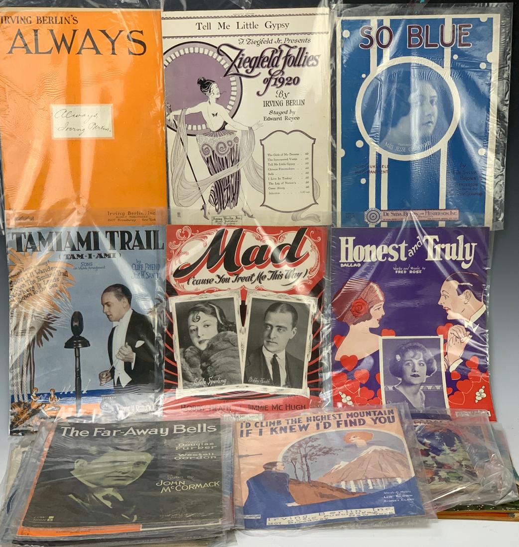 Vintage Sheet Music 25 Pieces: Most from silent screen era, many with plastic sleeves, all from a Hollywood collector, most in good condition with a few not so good condition