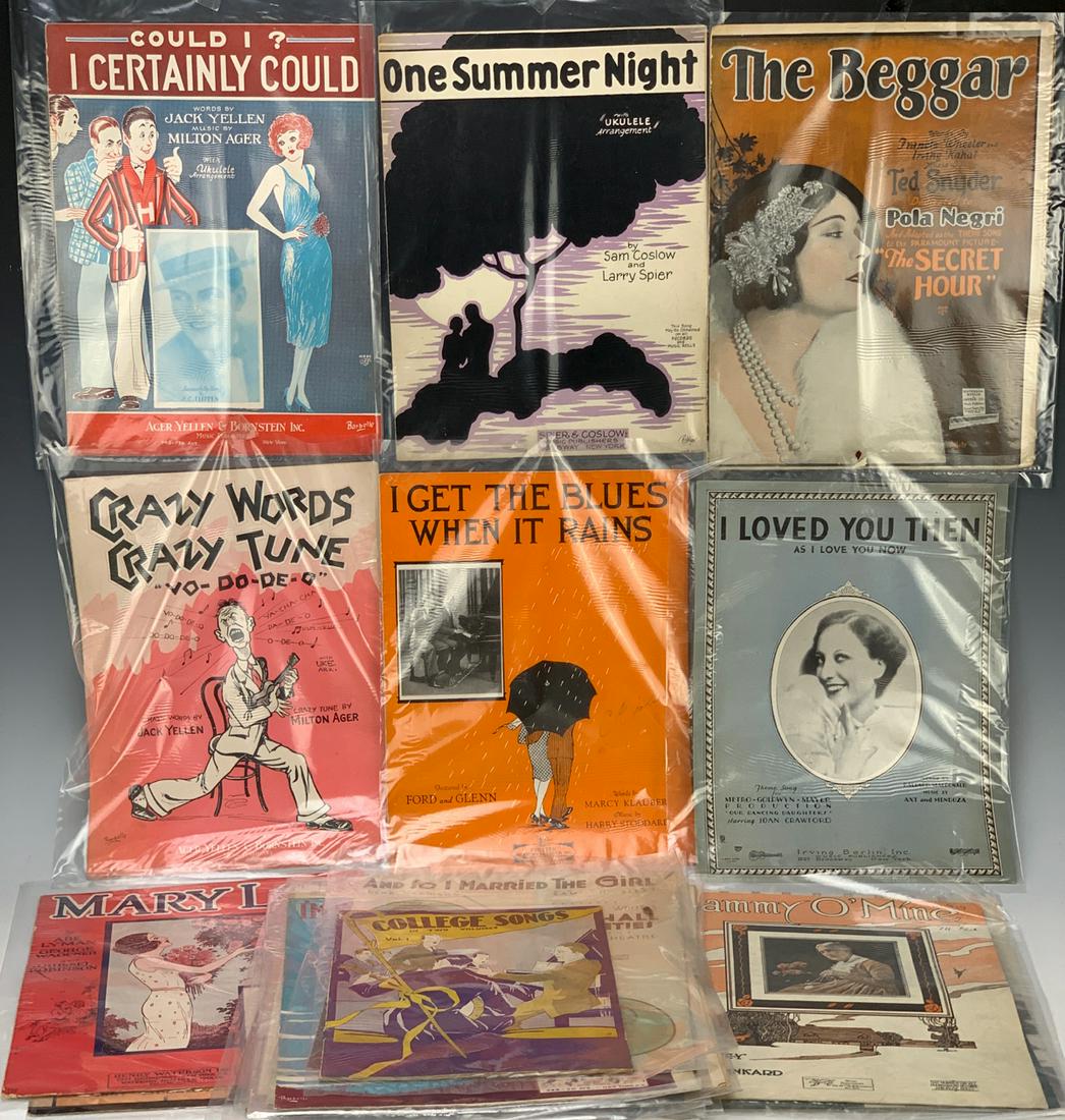 Vintage Sheet Music 25 Pieces: Most from silent screen era, many with plastic sleeves, all from a Hollywood collector, most in good condition with a few not so good condition