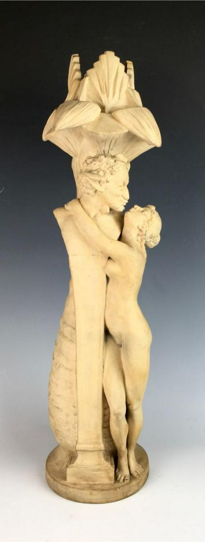 Rare Teco Art Nouveau Satyr & Nude Woman Vase: Circa 1895-1905, exceedingly rare museum piece that we are fortunate to be able to offer, comes from the personal collection of Buddy Wilson who had a very successful pottery shop on Melrose Ave in Lo
