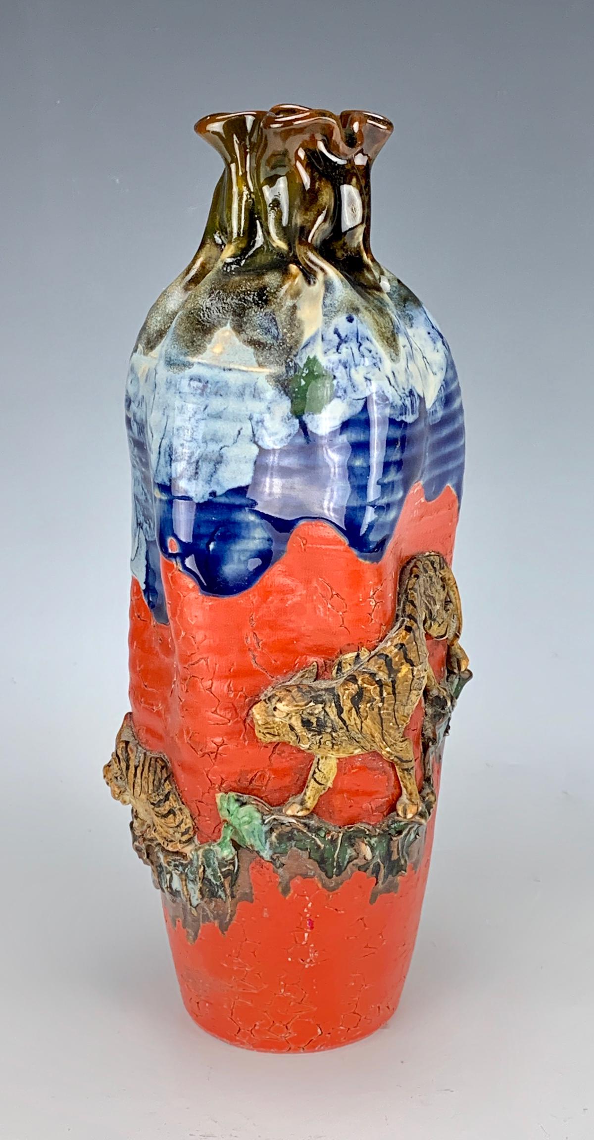 Japanese Sumida Ware "2 Tigers" Vase C. 1920 (1 of 4)