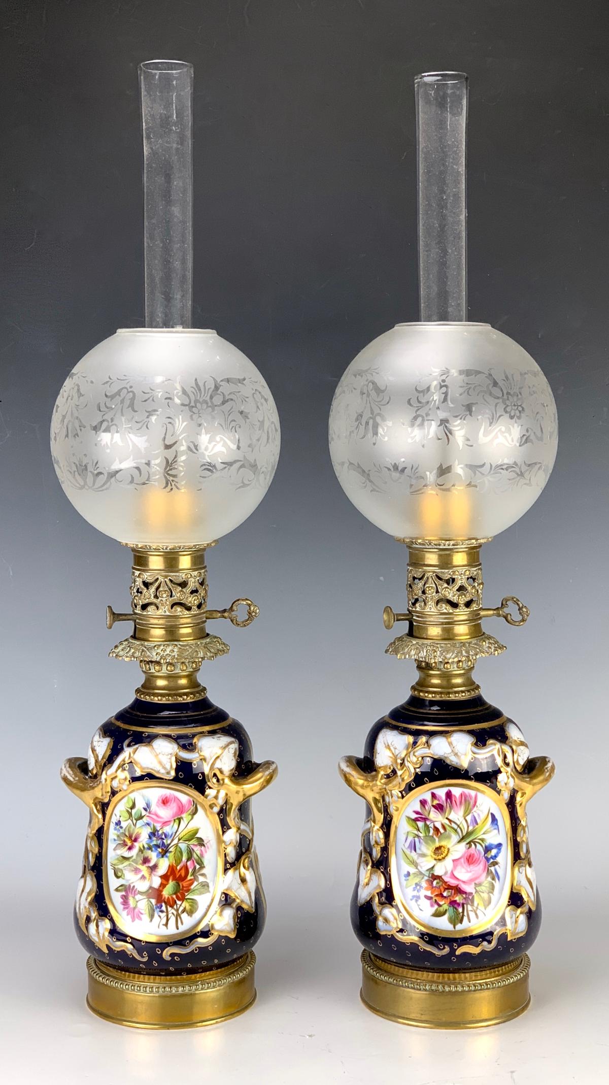 Pair Hand Painted Paris Porcelain Kerosene Lamps (1 of 2)