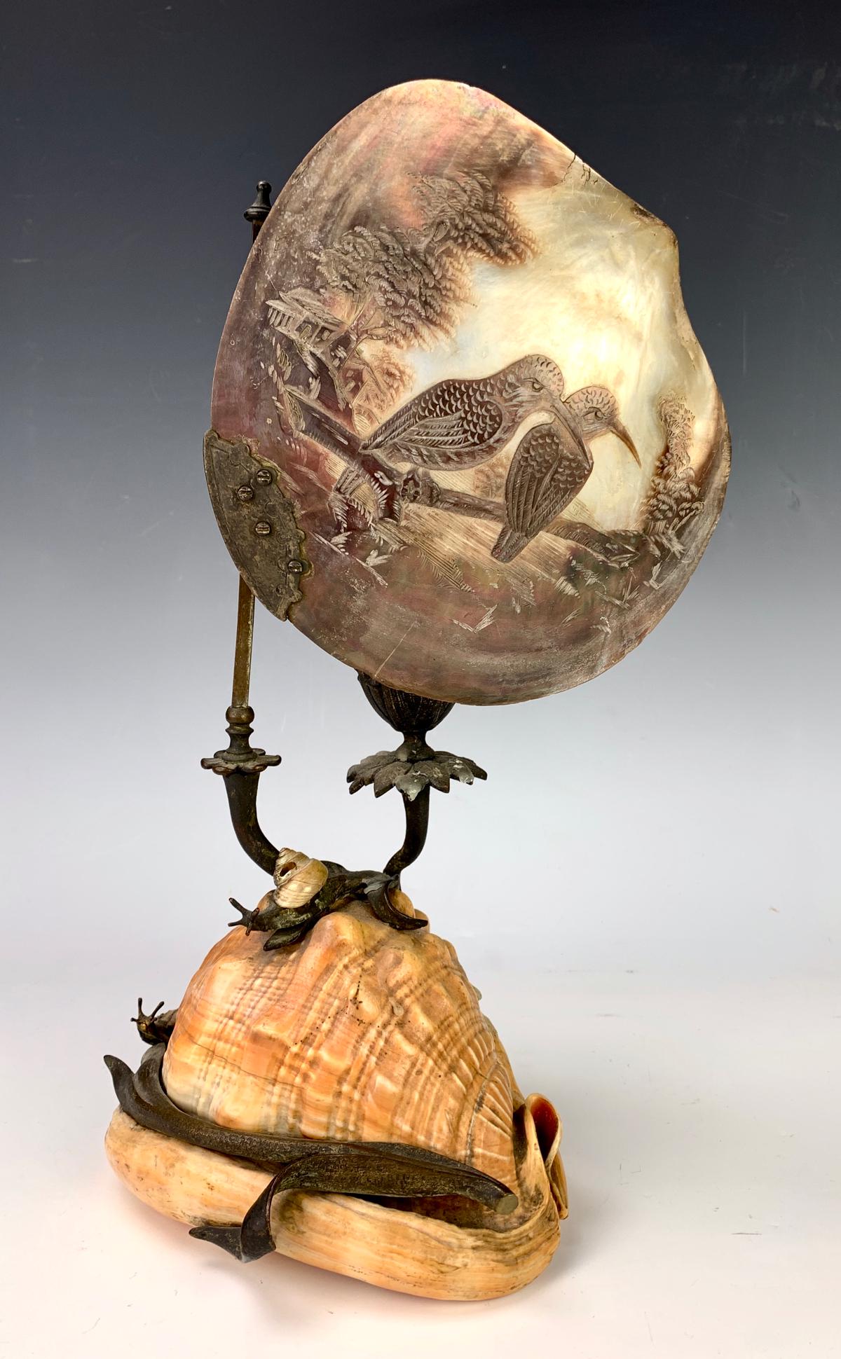 Unusual Antique Carved Shell Birds Lamp (1 of 3)