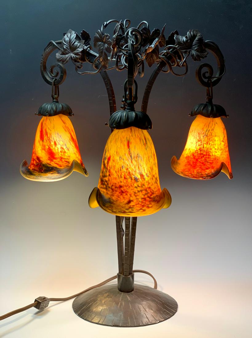 LeVerre Francais w/ 3 Shades & Iron Base C.1940 (1 of 2)