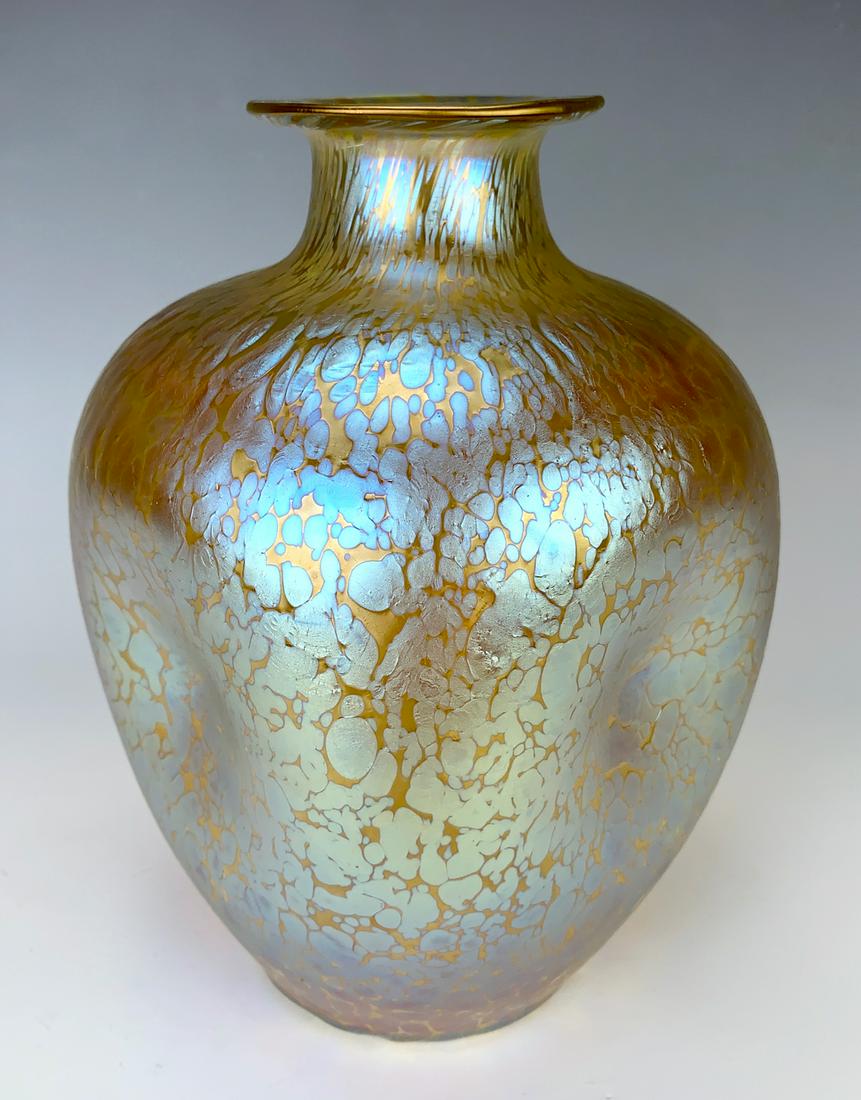 Loetz "Candia" Art Glass Vase: Large bulbous shaped vase with 4 pinched in sides, gold body with gold silver spots, very good condition, 9" height